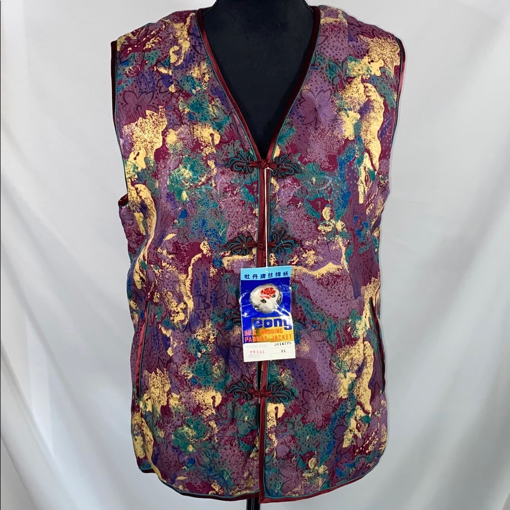 Vintage 80s Peony Shanghai NWT Silk Quilted Padded Vest Chinoiserie XL